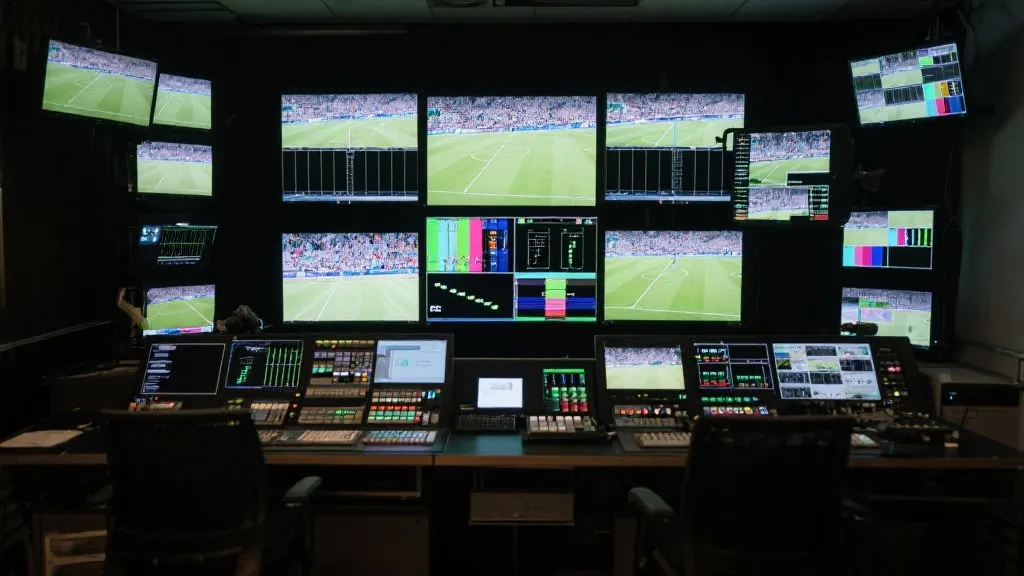 控制室内多屏幕同时显示比赛回放与战术数据