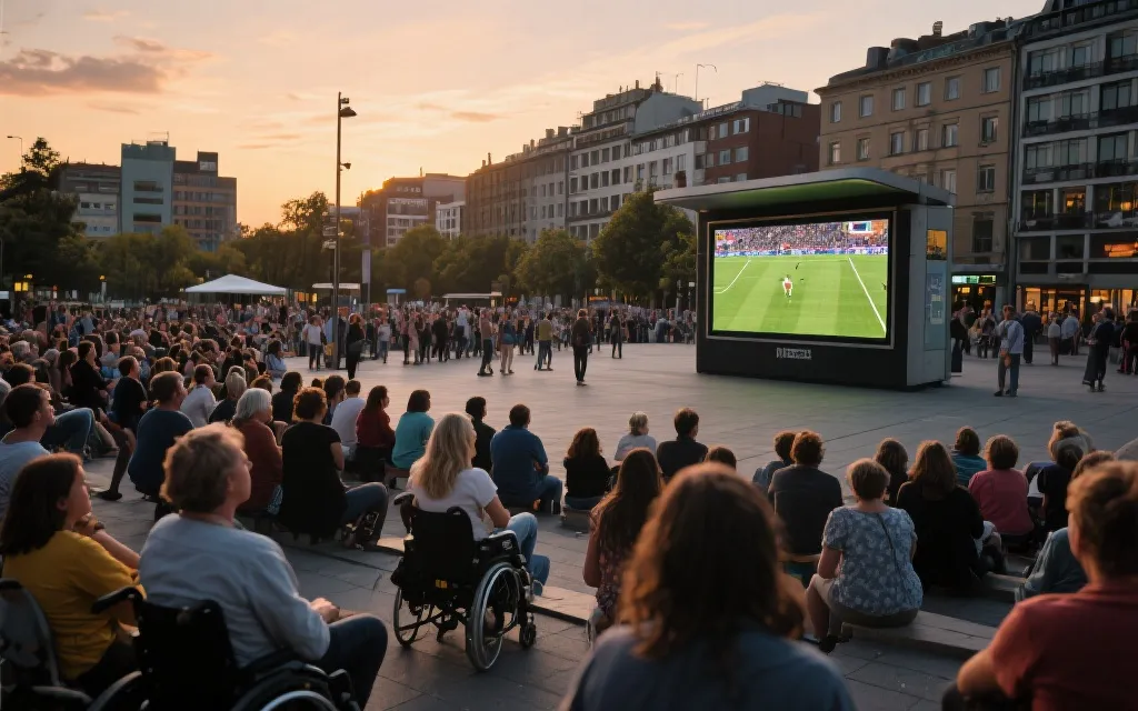 多元人群在城市公共广场观看足球赛的包容场景